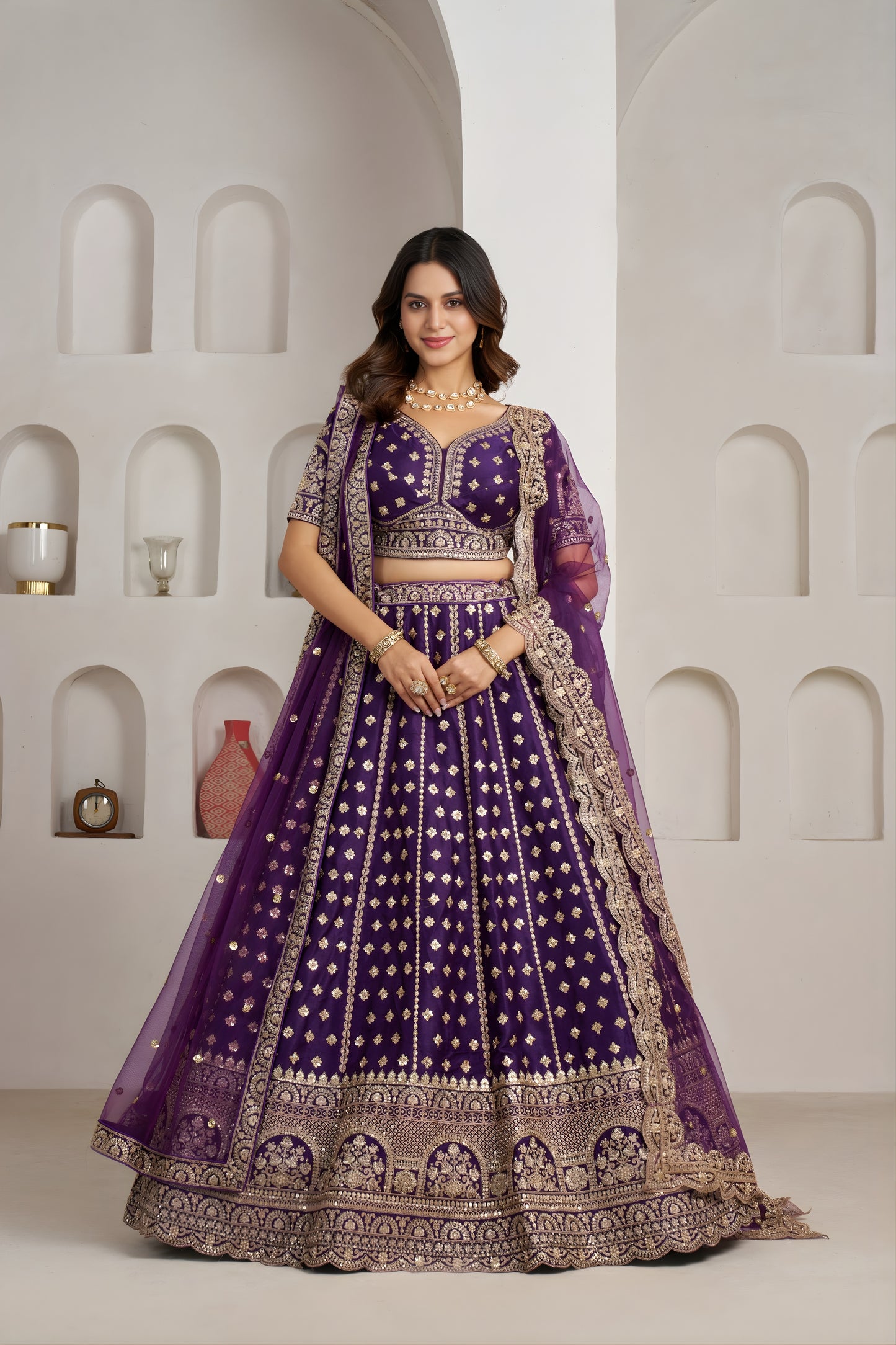 Luxury Purple Silk Embroidered Designer Lehenga Choli with Soft Net Dupatta for Wedding