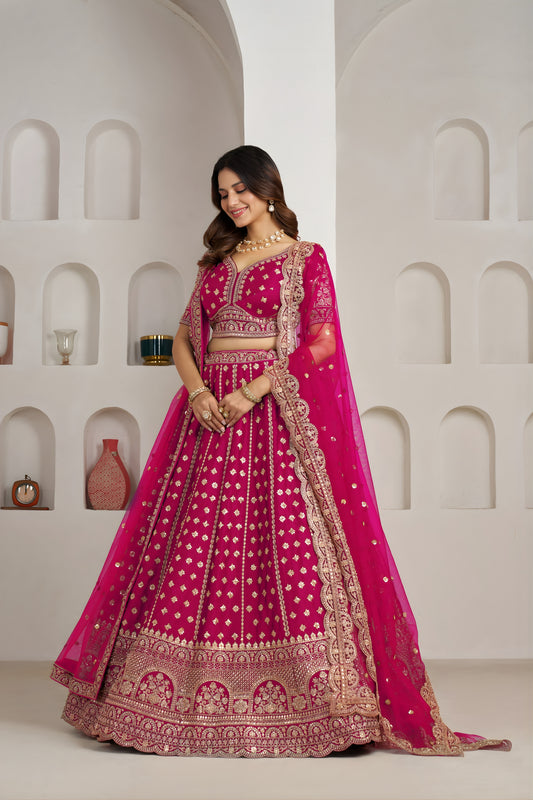 Stylish Rani Pink Silk Embroidered Designer Lehenga Choli with Soft Net Dupatta for Wedding