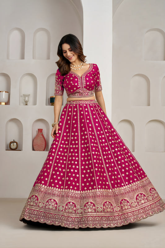 Stylish Rani Pink Silk Embroidered Designer Lehenga Choli with Soft Net Dupatta for Wedding