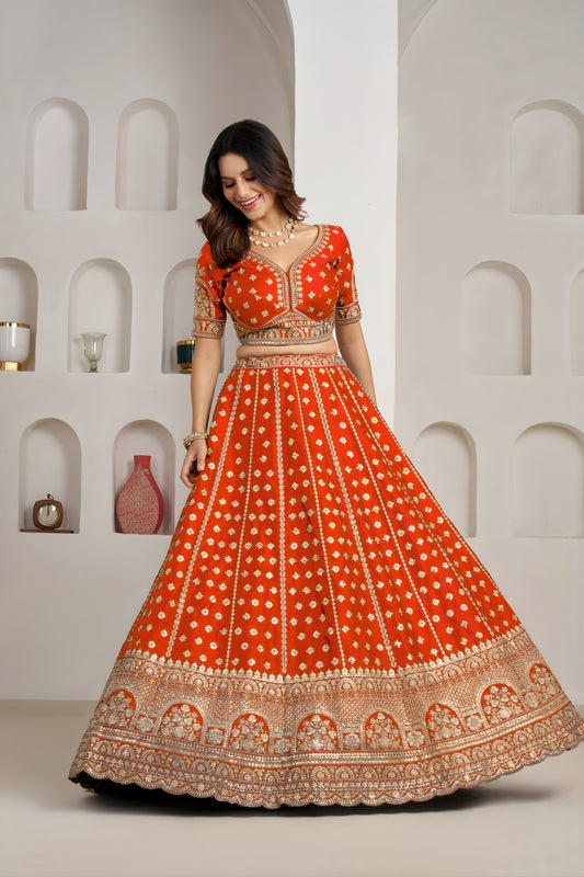 Vibrant Orange Silk Embroidered Designer Lehenga Choli with Soft Net Dupatta for Wedding