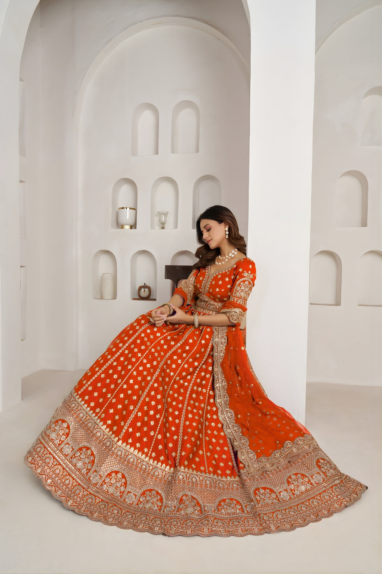 Vibrant Orange Silk Embroidered Designer Lehenga Choli with Soft Net Dupatta for Wedding