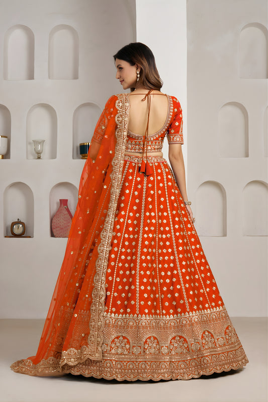 Vibrant Orange Silk Embroidered Designer Lehenga Choli with Soft Net Dupatta for Wedding