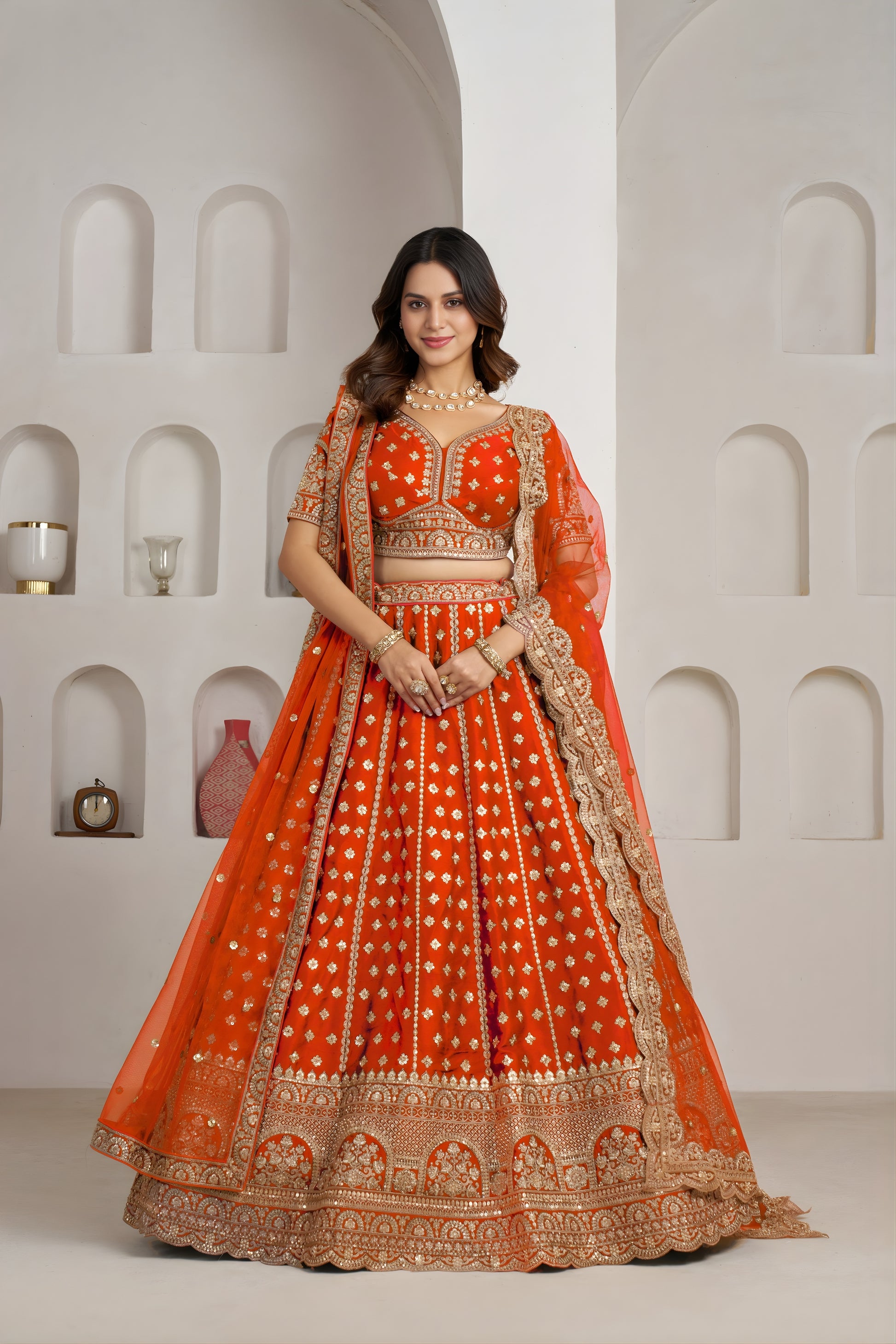 Vibrant Orange Silk Embroidered Designer Lehenga Choli with Soft Net Dupatta for Wedding
