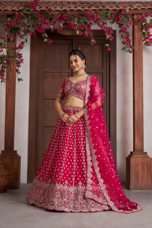 Superb Rani Pink Silk Embroidered Designer Lehenga Choli with Soft Net Dupatta for Wedding