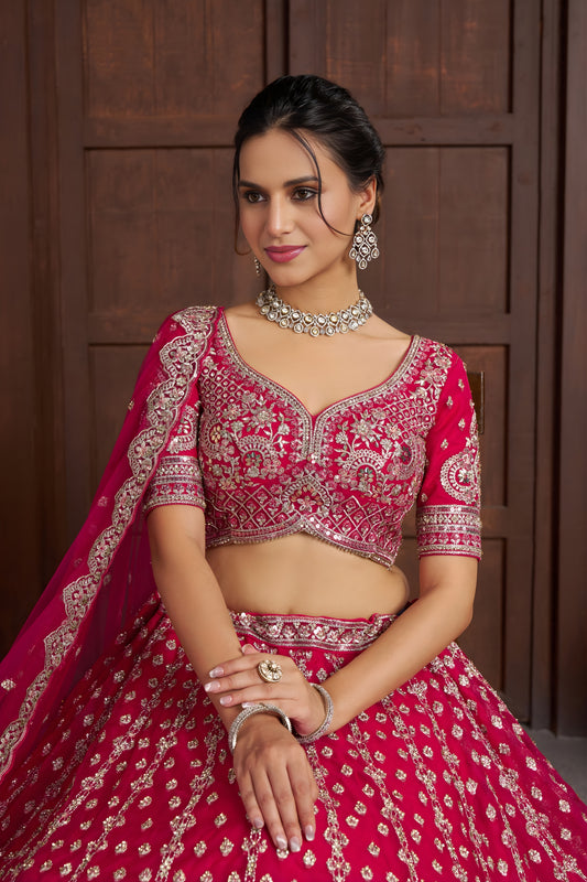 Superb Rani Pink Silk Embroidered Designer Lehenga Choli with Soft Net Dupatta for Wedding