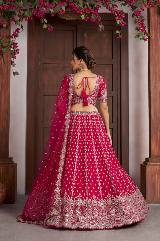 Superb Rani Pink Silk Embroidered Designer Lehenga Choli with Soft Net Dupatta for Wedding