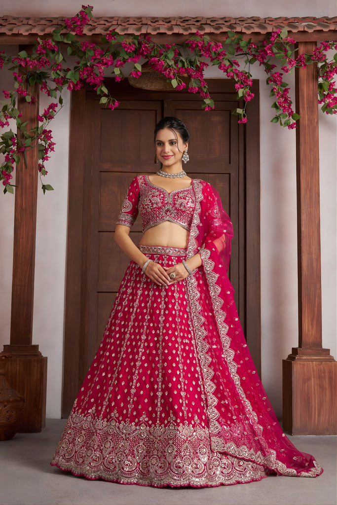 Superb Rani Pink Silk Embroidered Designer Lehenga Choli with Soft Net Dupatta for Wedding