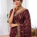 Royal Wine Space Silk Sequins Cutdana Hand Work Saree for Wedding