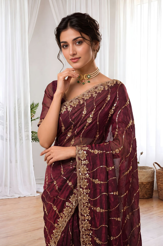 Royal Wine Space Silk Sequins Cutdana Hand Work Saree for Wedding