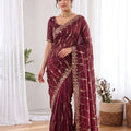 Royal Wine Space Silk Embroidered Designer Saree for Wedding