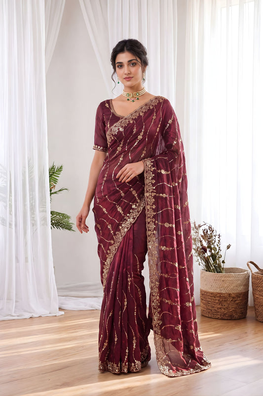 Royal Wine Space Silk Embroidered Designer Saree for Wedding