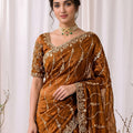Stylish Brown Space Silk Sequins Cutdana Hand Work Saree for Wedding