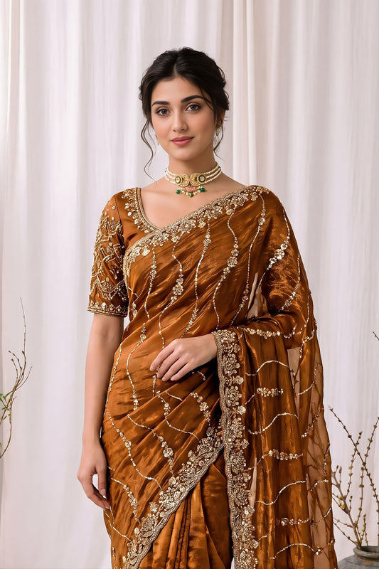 Stylish Brown Space Silk Sequins Cutdana Hand Work Saree for Wedding