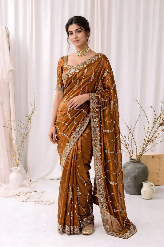 Stylish Brown Space Silk Sequins Cutdana Hand Work Saree for Wedding