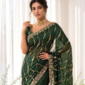 Vibrant Dark Green Space Silk Sequins Cutdana Hand Work Saree for Wedding