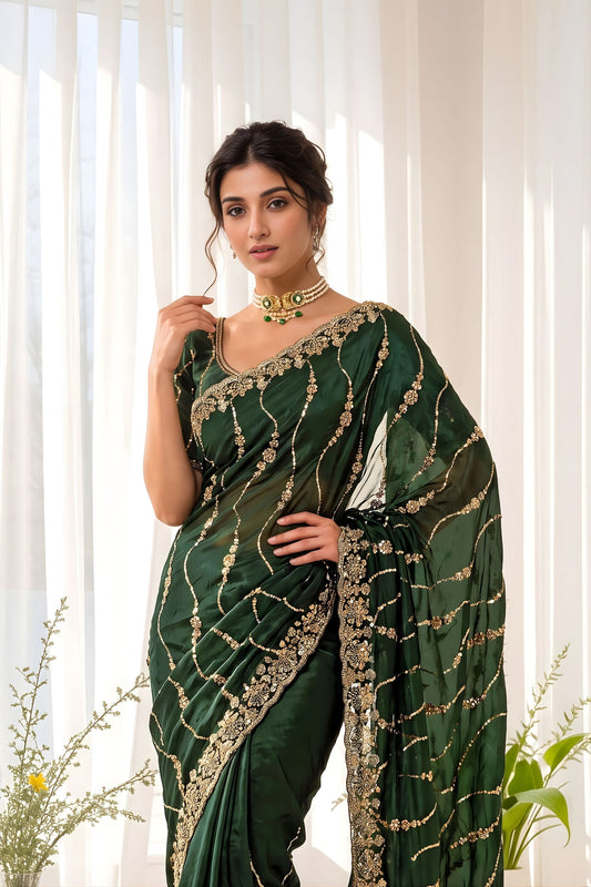 Vibrant Dark Green Space Silk Sequins Cutdana Hand Work Saree for Wedding