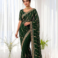 Vibrant Dark Green Space Silk Sequins Cutdana Hand Work Saree for Wedding