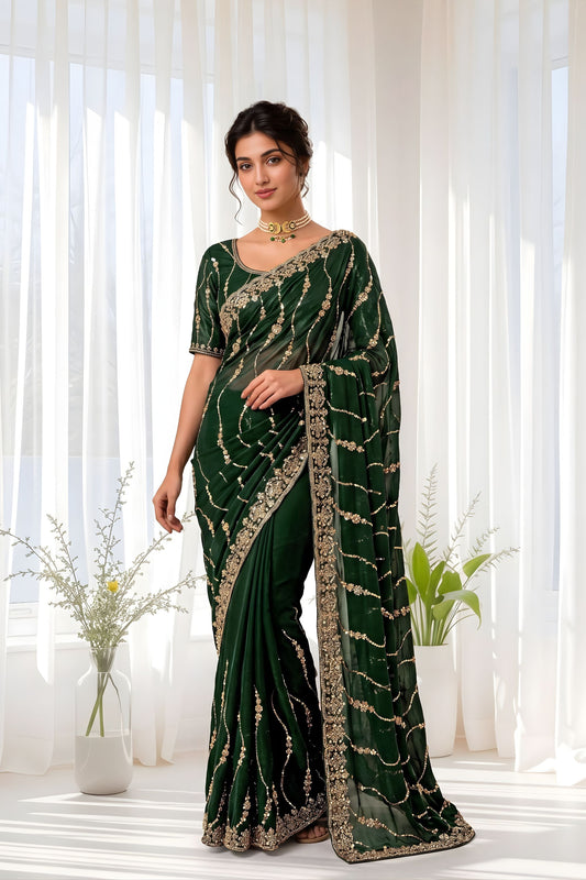 Vibrant Dark Green Space Silk Sequins Cutdana Hand Work Saree for Wedding