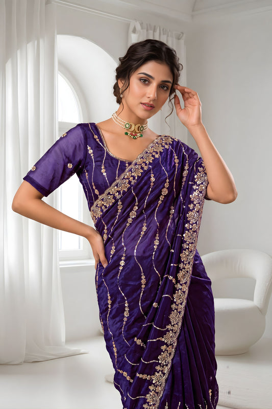 Royal Purple Space Silk Sequins Cutdana Hand Work Saree for Wedding