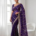 Royal Purple Space Silk Sequins Cutdana Hand Work Saree for Wedding