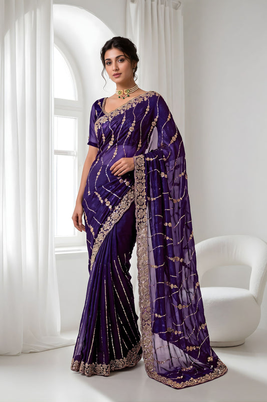 Royal Purple Space Silk Sequins Cutdana Hand Work Saree for Wedding