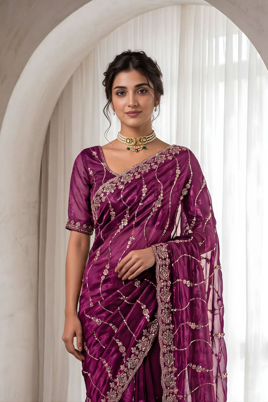 Gracefull Burgundy Space Silk Sequins Cutdana Hand Work Saree for Wedding