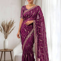 Gracefull Burgundy Space Silk Sequins Cutdana Hand Work Saree for Wedding