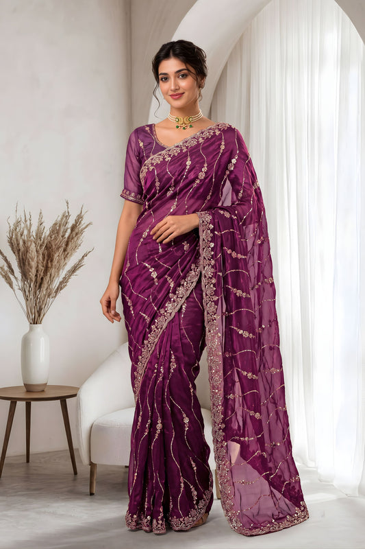 Gracefull Burgundy Space Silk Sequins Cutdana Hand Work Saree for Wedding