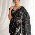 Royal Black Space Silk Sequins Cutdana Hand Work Saree for Wedding