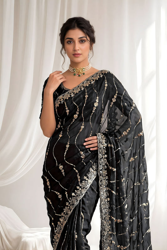 Royal Black Space Silk Sequins Cutdana Hand Work Saree for Wedding