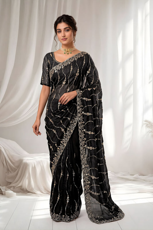 Royal Black Space Silk Sequins Cutdana Hand Work Saree for Wedding