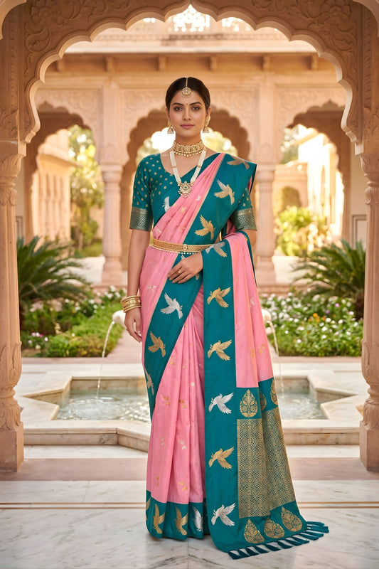 Luxury Pink Soft Silk Woven Designer Saree for Wedding