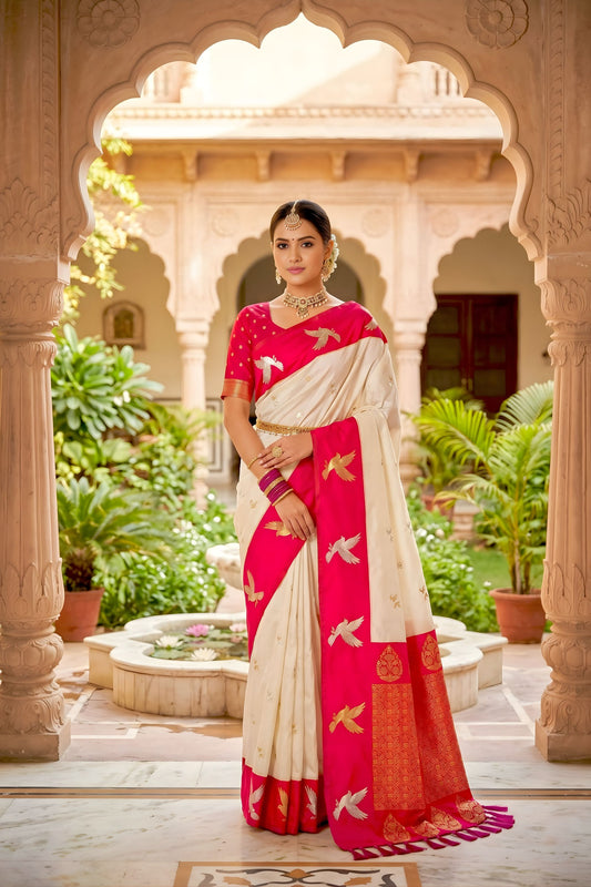 Luxury Off White Soft Silk Woven Designer Saree for Wedding
