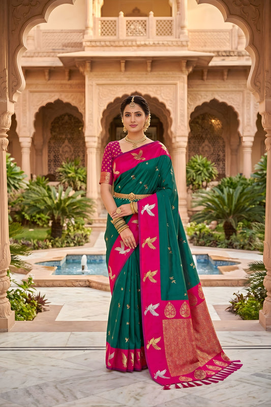 Vibrant Teal Green Soft Silk Woven Designer Saree for Wedding