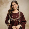 Elegant Wine Vichitra Silk Anarkali Suit Embroidery Work Dupatta