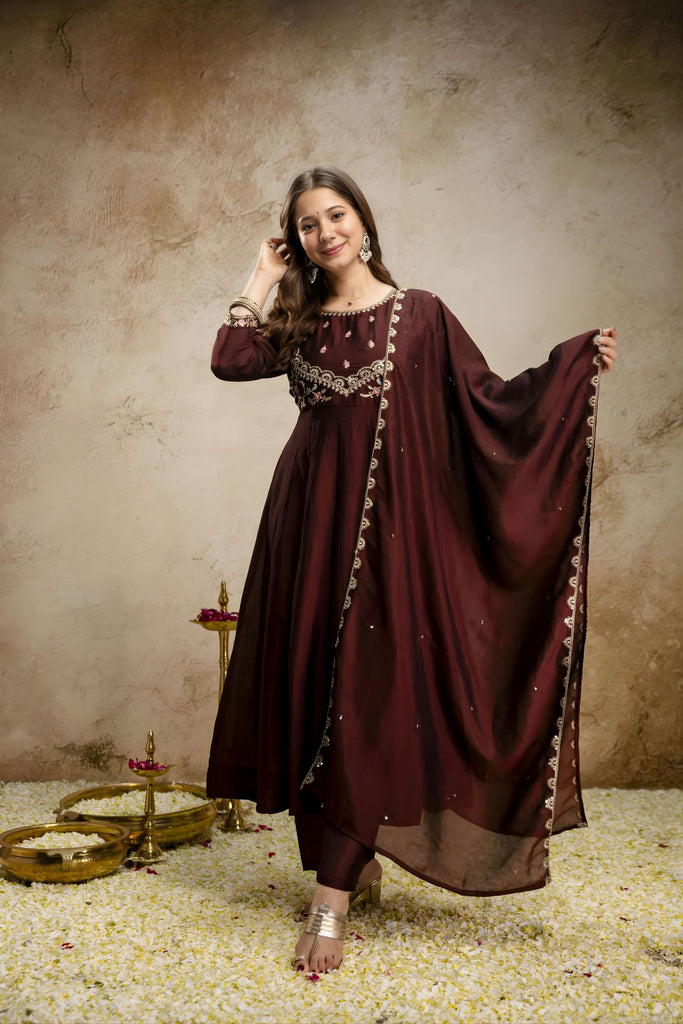 Elegant Wine Vichitra Silk Anarkali Suit Embroidery Work Dupatta
