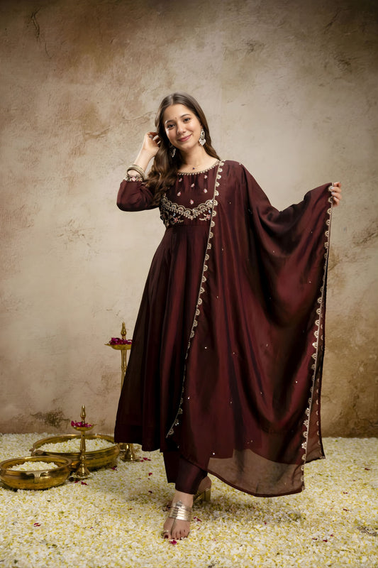 Elegant Wine Vichitra Silk Anarkali Suit Embroidery Work Dupatta
