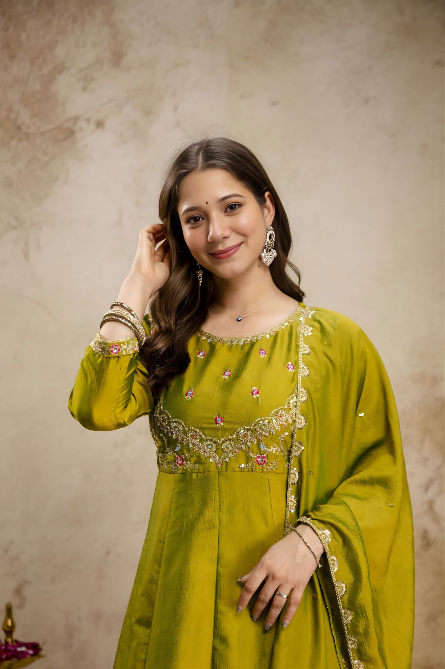 Gracefull Olive Green Vichitra Silk Anarkali Suit Embroidery Work and Dupatta