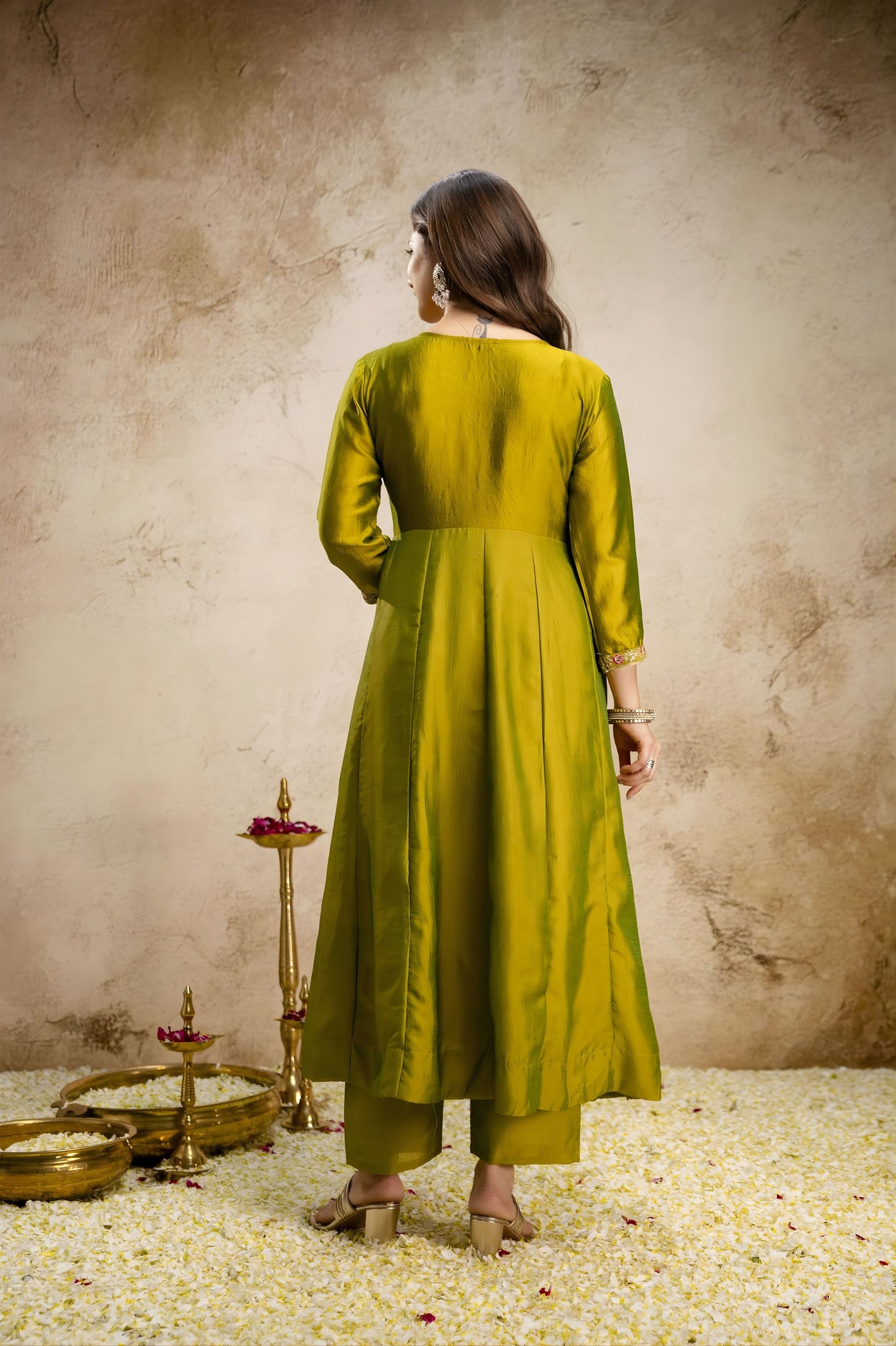 Gracefull Olive Green Vichitra Silk Anarkali Suit Embroidery Work and Dupatta
