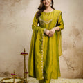 Gracefull Olive Green Vichitra Silk Anarkali Suit Embroidery Work Dupatta
