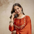 Stylish Rust Orange Vichitra Silk Anarkali Suit Embroidery Work Dupatta