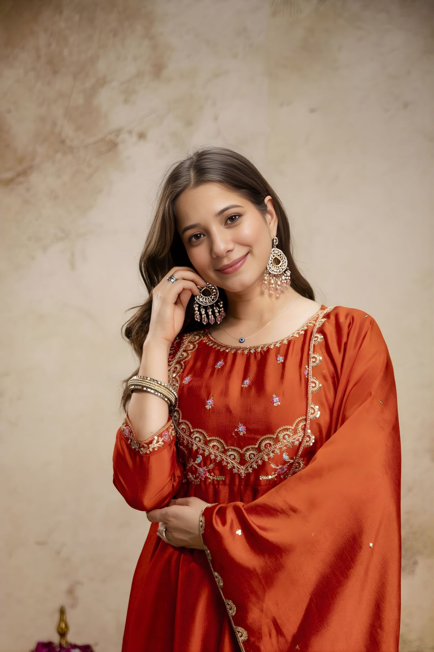 Stylish Rust Orange Vichitra Silk Anarkali Suit Embroidery Work Dupatta