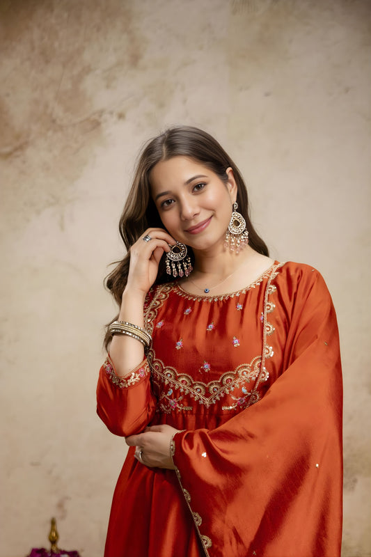 Stylish Rust Orange Vichitra Silk Anarkali Suit Embroidery Work Dupatta