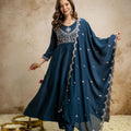Royal Teal Blue Vichitra Silk Anarkali Suit with Embroidery Work and Dupatta