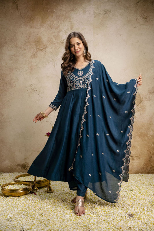 Royal Teal Blue Vichitra Silk Anarkali Suit with Embroidery Work and Dupatta