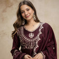 Vibrant Wine Vichitra Silk Anarkali Suit Heavy Embroidery Work and Dupatta