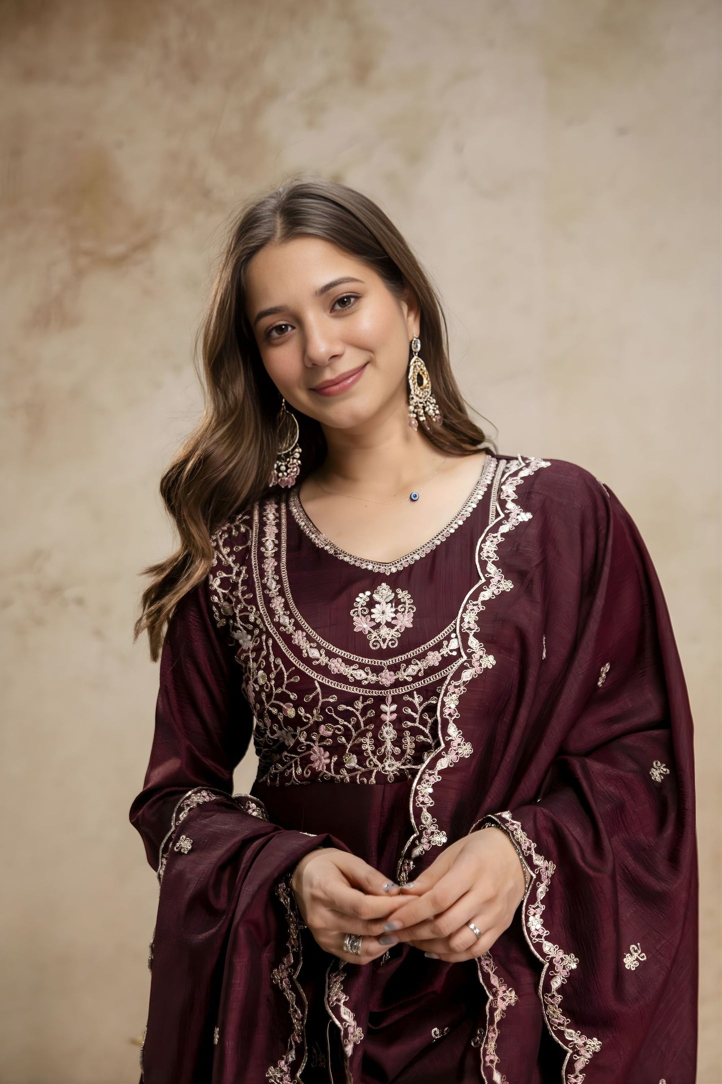 Vibrant Wine Vichitra Silk Anarkali Suit Heavy Embroidery Work and Dupatta