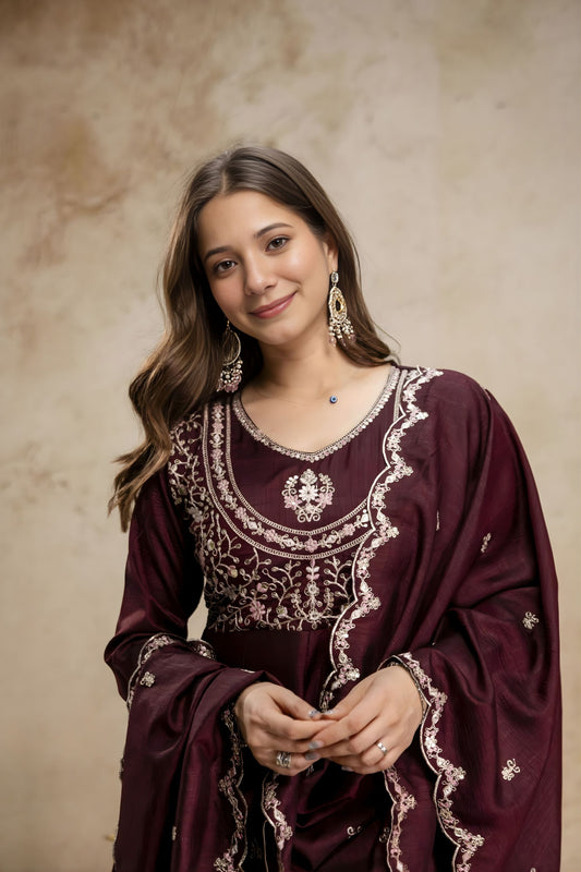 Vibrant Wine Vichitra Silk Anarkali Suit Heavy Embroidery Work and Dupatta