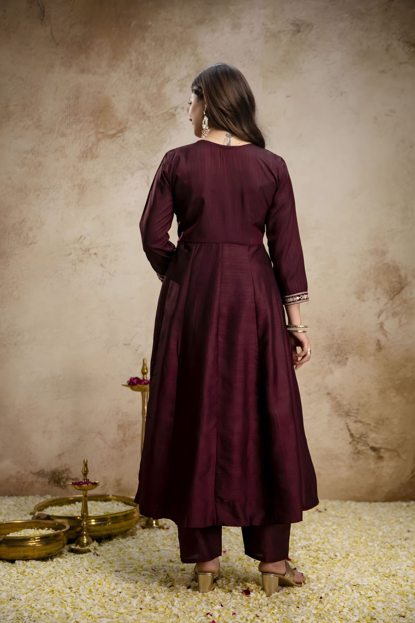 Vibrant Wine Vichitra Silk Anarkali Suit Heavy Embroidery Work and Dupatta