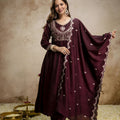 Vibrant Wine Vichitra Silk Anarkali Suit Heavy Embroidery Work and Dupatta